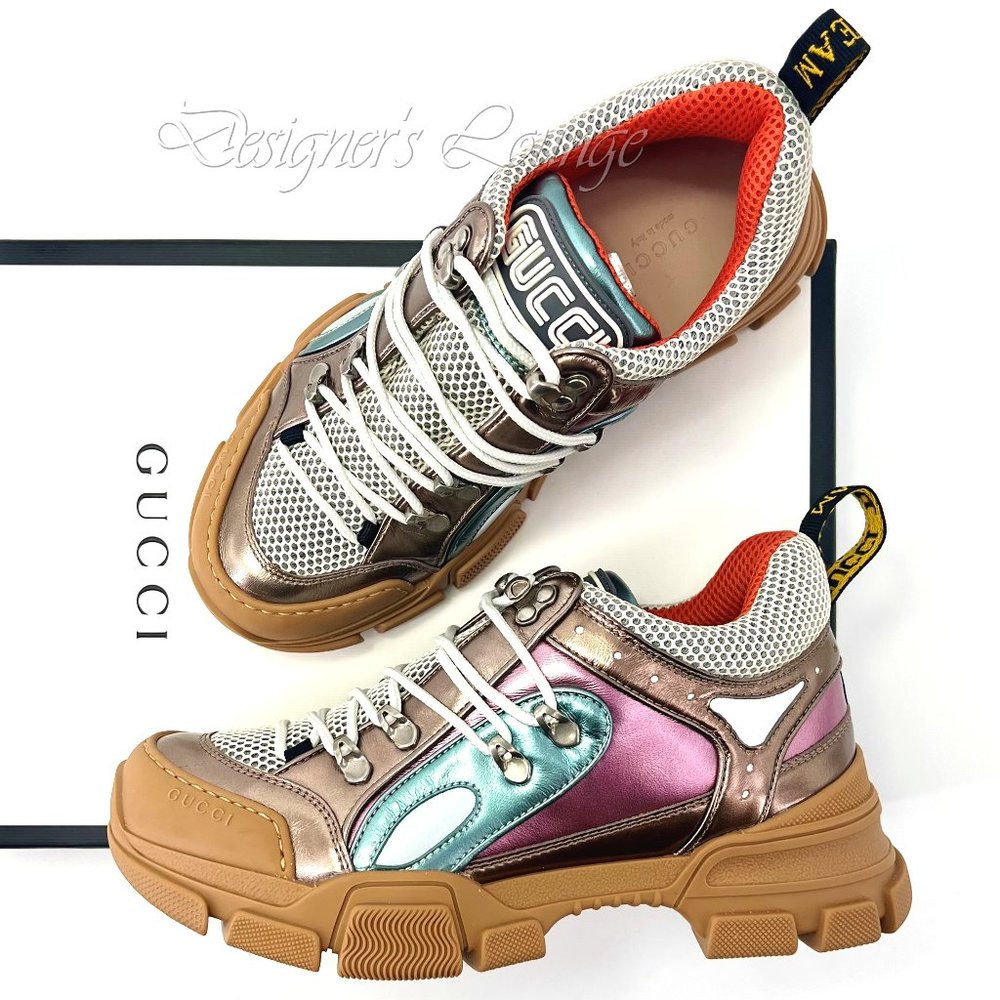 NEW GUCCI Flashtrek EU 36.5 / US 6 Metallic Leather SEGA Logo Sneakers $980 Auth